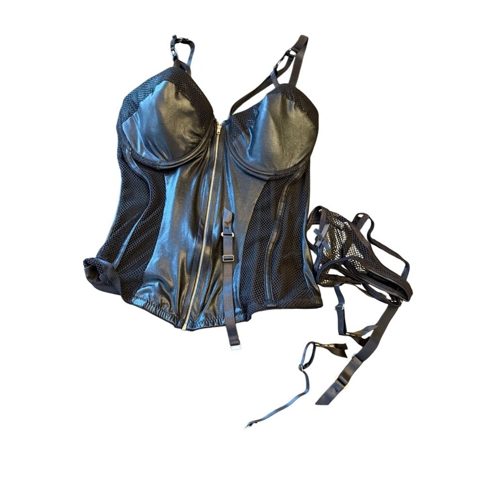 NWT Black Faux Leather & Mesh 2X Bustier Adjustable Straps & G-String Set Goth